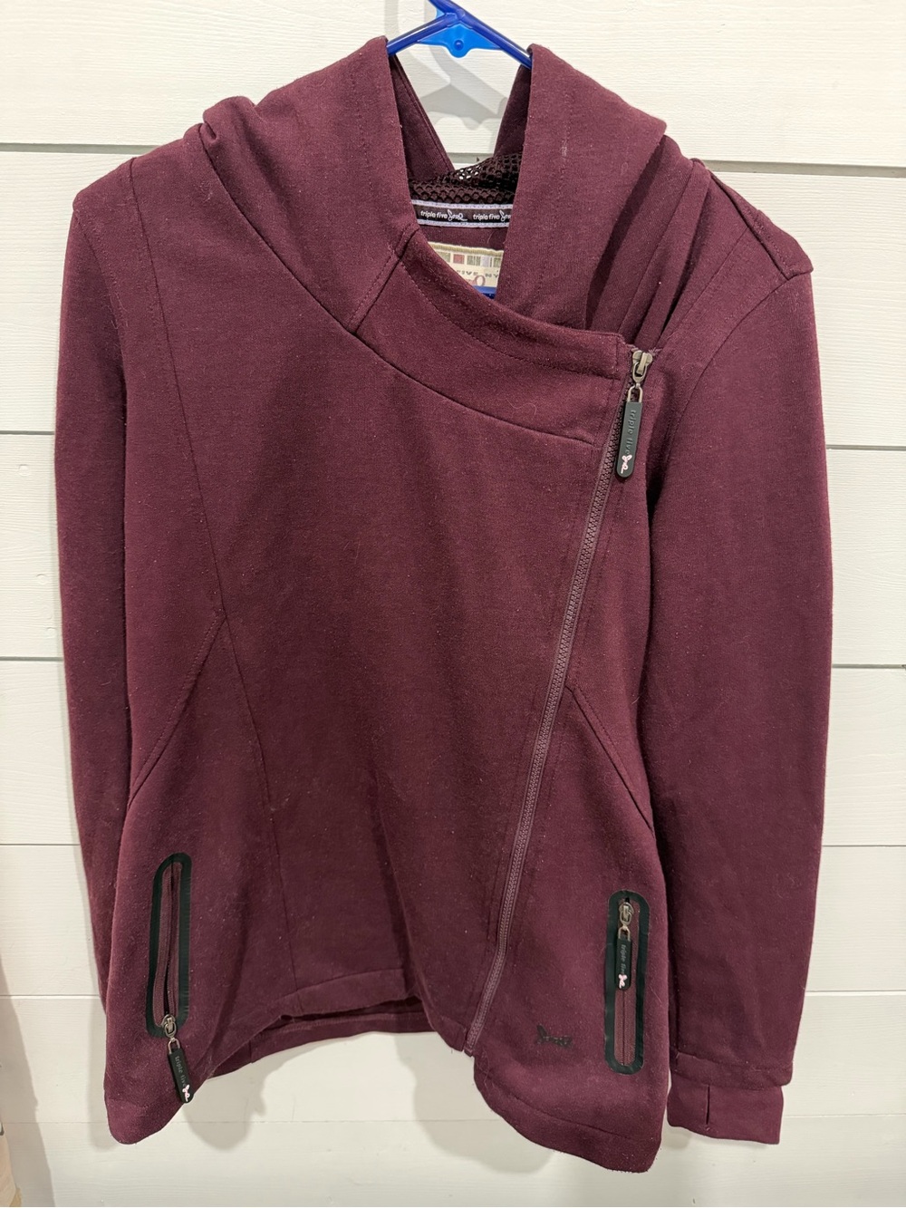 Triple Five Soul Women's Asymmetric Zip Hoodie in Maroon